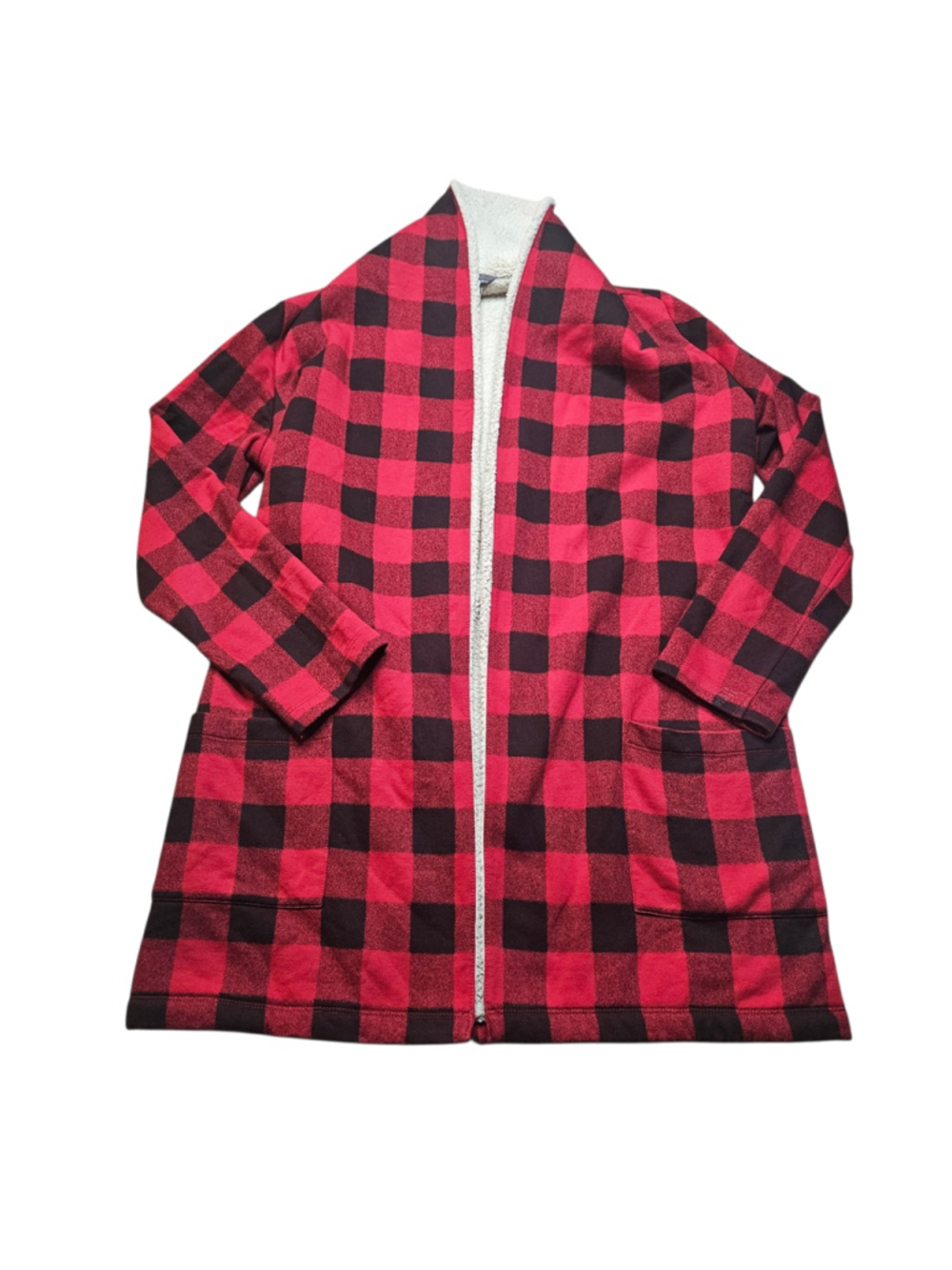 Eddie Bauer Small Red Black Buffalo Plaid Sherpa Cardigan - Picture 2 of 7